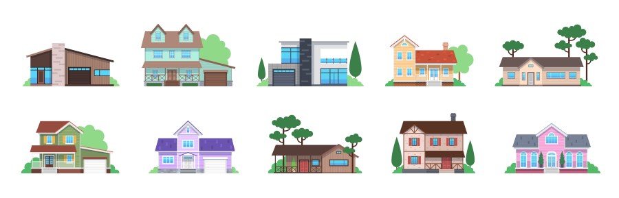 Colorful image of 10 different house styles.