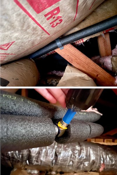 Photo 1 - Insulated PEX piping sloping with roof truss, with insulation above and below
Photo 2 - Pair of insulated pipes with connection point to 3rd pipe partially un-insulated to show pipe - air duct in background