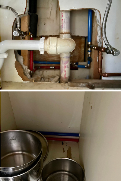 Photo 1 - Underneath sink showing plumbing pipes
Photo 2 - Inside kitchen cabinet showing plumbing pipes and stainless steel pots