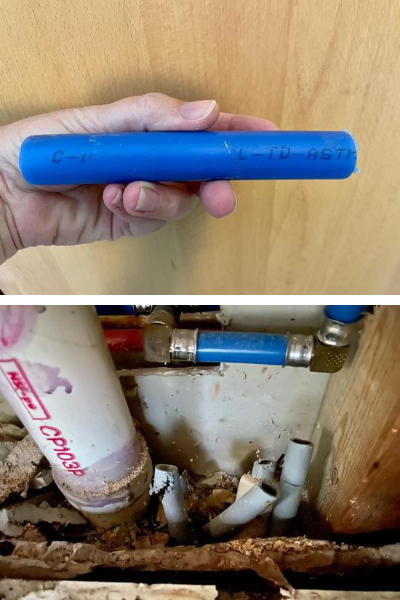Photo 1 - Architect's hand holding 5 inch piece of blue 5/8" diameter PEX tubing
Photo 2 - Inside wall underneath sink with PVC pipe, PEX pipe, and gray pipe ends extending from floor.