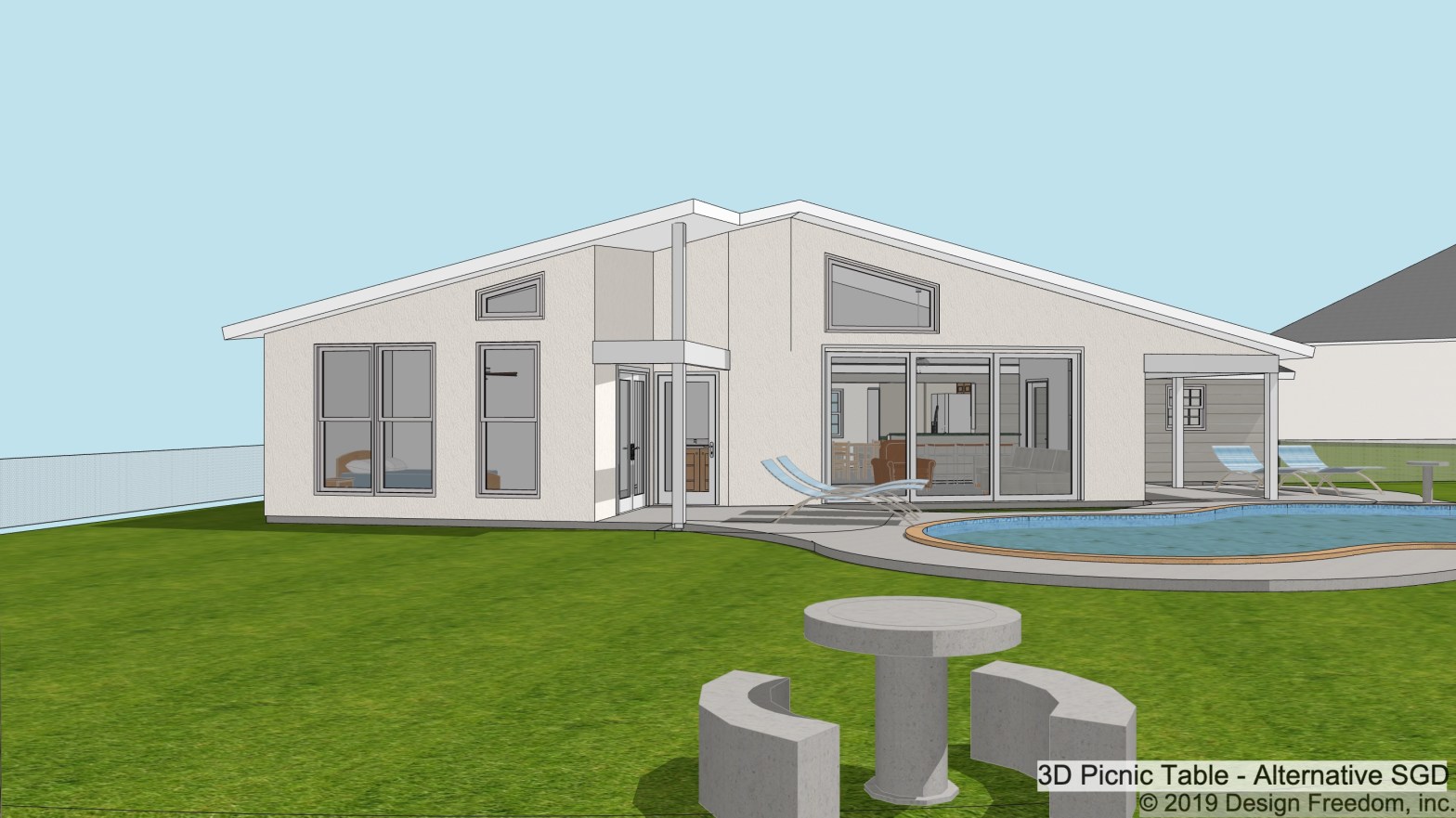 MCM style home with low sloped gable roof, lots of windows, and pool