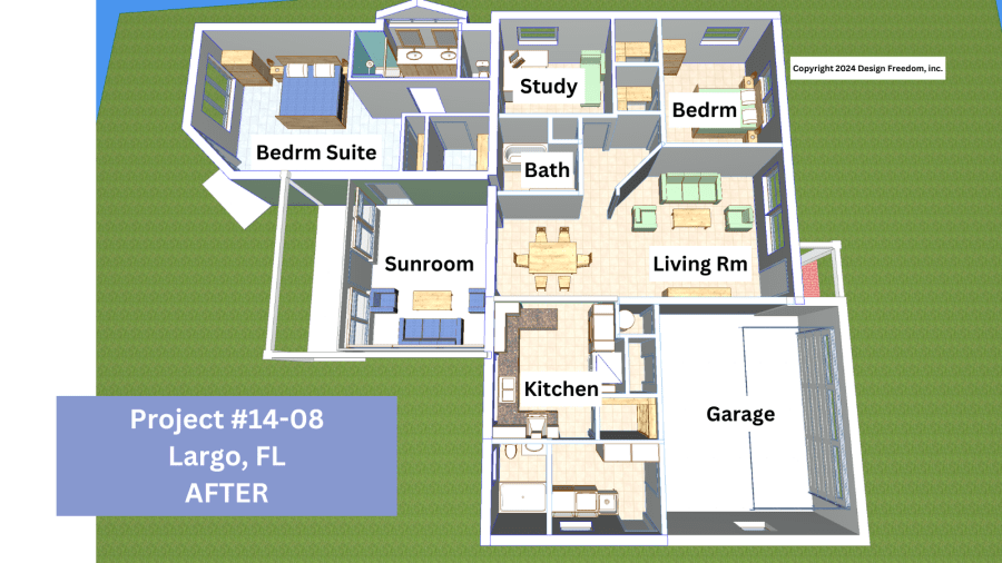 3d floorplan showing a house with addition options