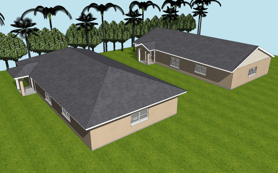 3D image showing 2 simple houses from above, with hip roof at left and gable roof at right.