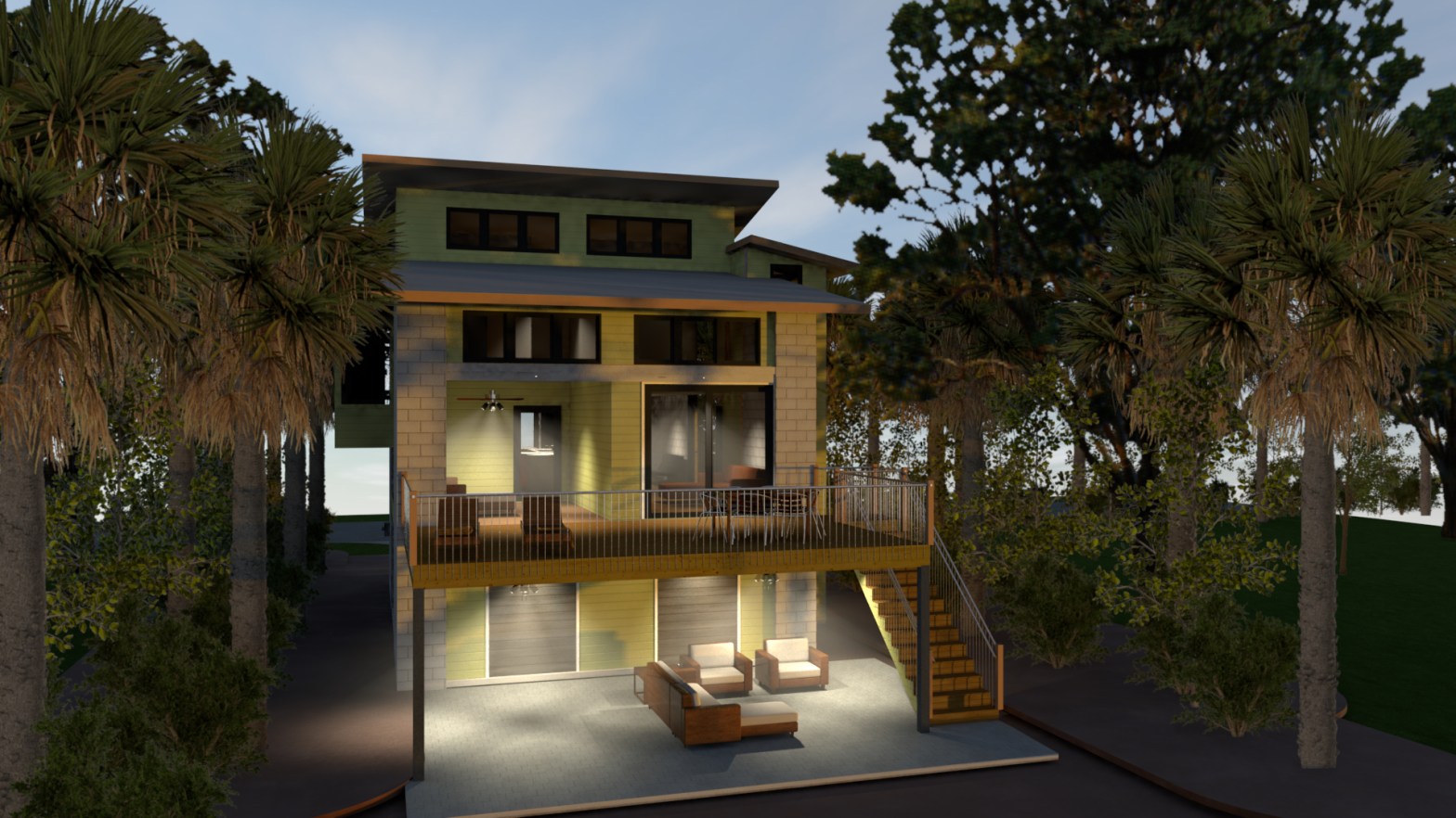 house on river with 2 stories of living areas and large deck above parking