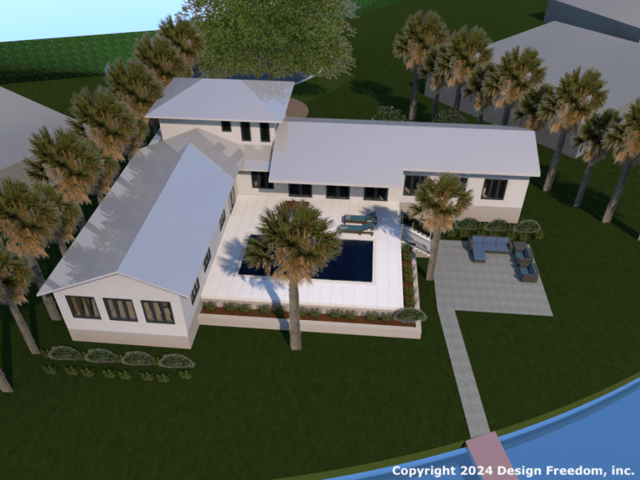 Aerial 3D view of home layout and pool courtyard