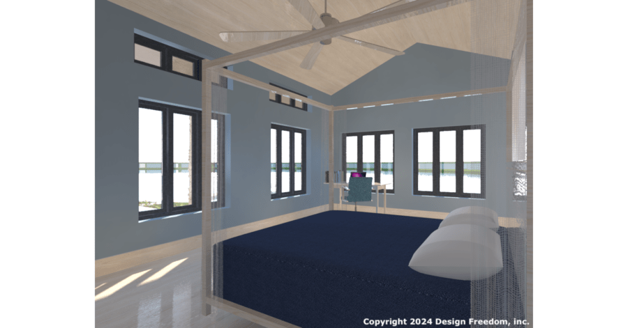 Interior 3D rendering of a bedroom with large windows bringing in natural light and views to the outdoors