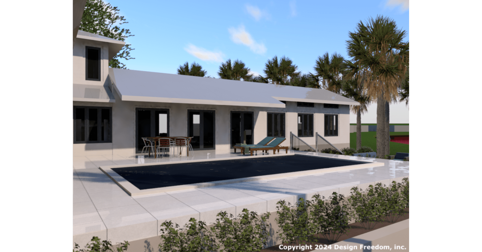3D architectural rendering of a home opening to a pool deck and outdoor living area