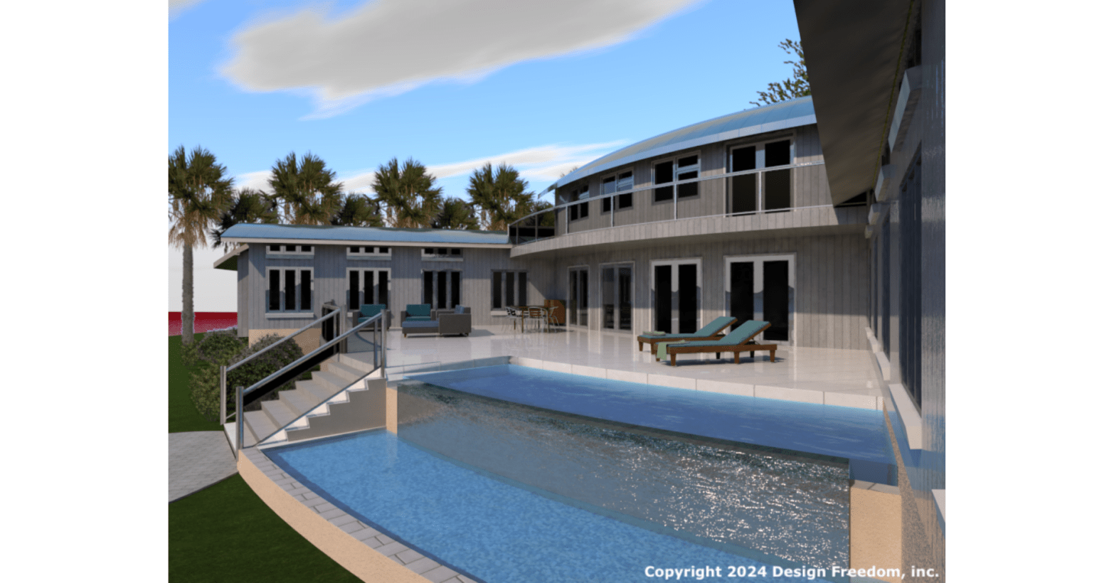 House with large windows and french doors overlooking patio and Swimming pool with endless edge waterfall