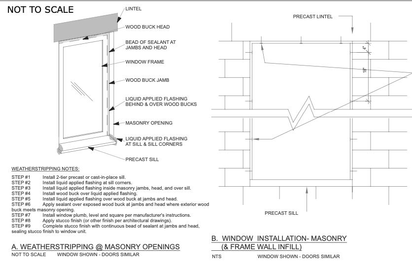 Architect's drawing showing window installation details for sealing and flashing