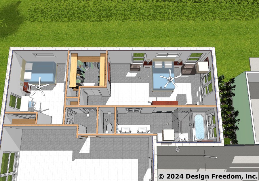 3D floorplan of large bedroom addition with long bathroom addition to house
