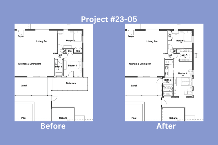 Before & After floorplans shows solarium removed and the bedroom & bathroom elongated into that area