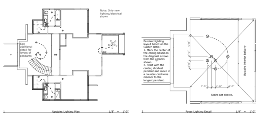 Architectural drawing and detail of new lighting layout in a home