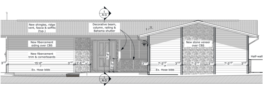 Architectural drawing of front elevation showing new materials for the walls