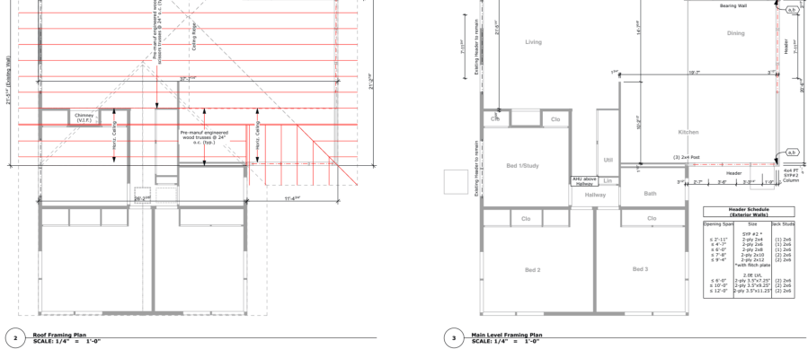 Architectural drawings of a roof framing plan and a floor framing plan
