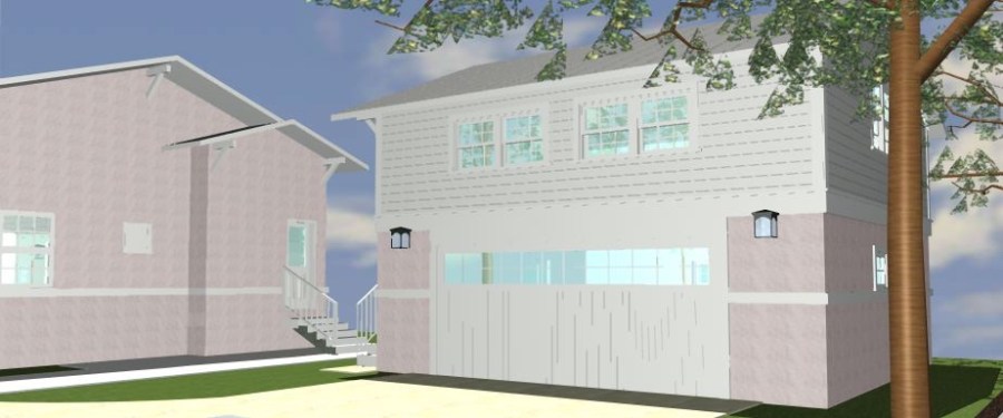 3D image of rear of Bungalow Home with detached 2-car garage with second floor above.