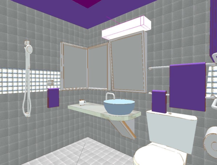 3D image of bathroom with purple ceiling and towels, shower area accessible for wheelchair, vanity with knee space, mirrored medicine cabinets with a slanted mirror