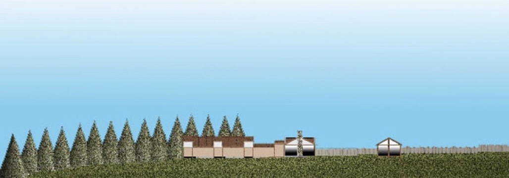 3D color elevation of house with gable roofs in front of a row of trees
