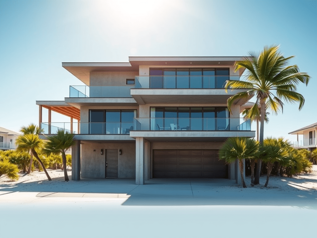 3-story modern home on the beach with glass walls, large decks, flat roof, and stone or stucco walls