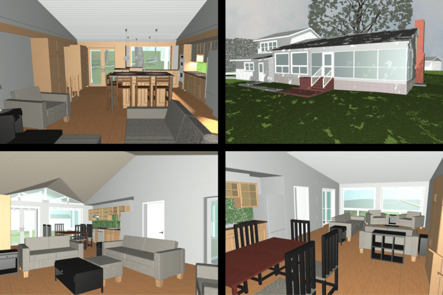 4 3D images showing interior and exterior scenes of modest home