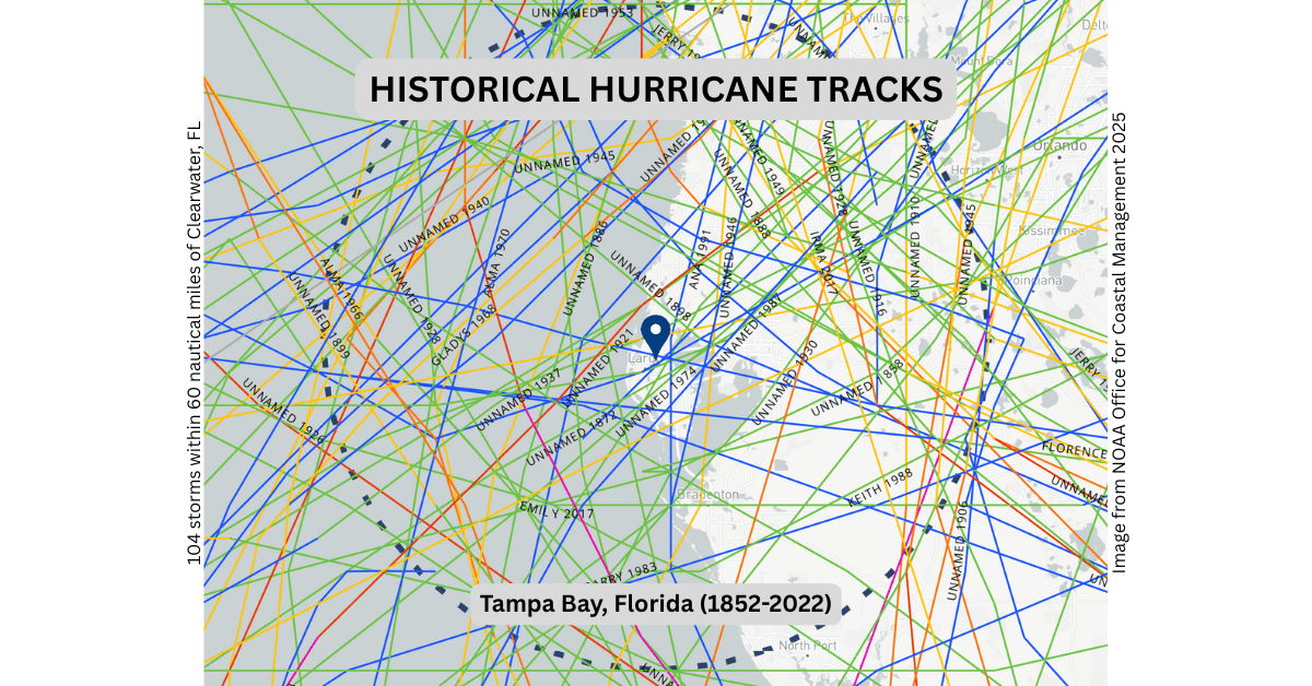 Map of Tampa Bay criss-crossed with lines showing the tracks of hurricane storms between 1852 and 2022