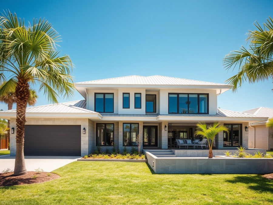 2-story modern home in a tropical landscaped yard with large windows and stucco or stone walls