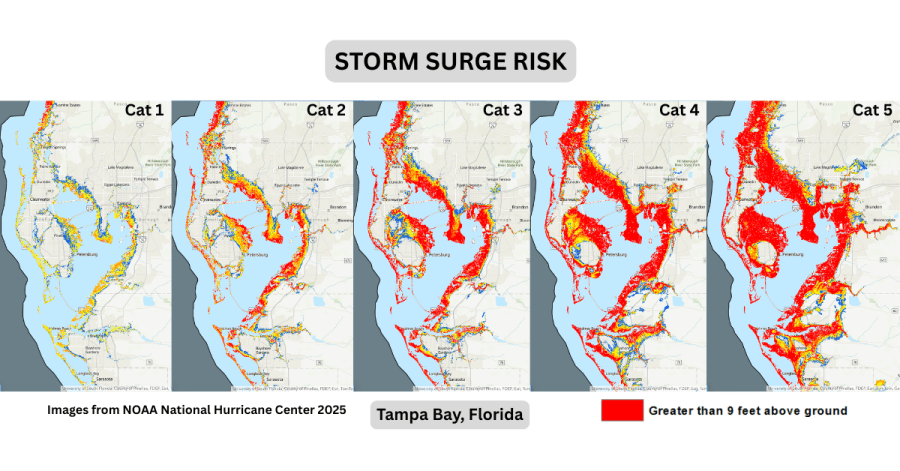 5 maps of Tampa Bay showing progressively higher levels of storm surge