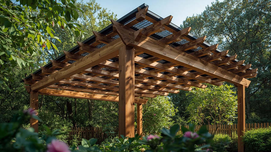 Backyard pergola with solar panels installed on the roof, providing shade and generating electricity