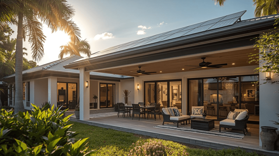 Florida lanai with ceiling fans and cozy seating; solar panels installed on the roof above