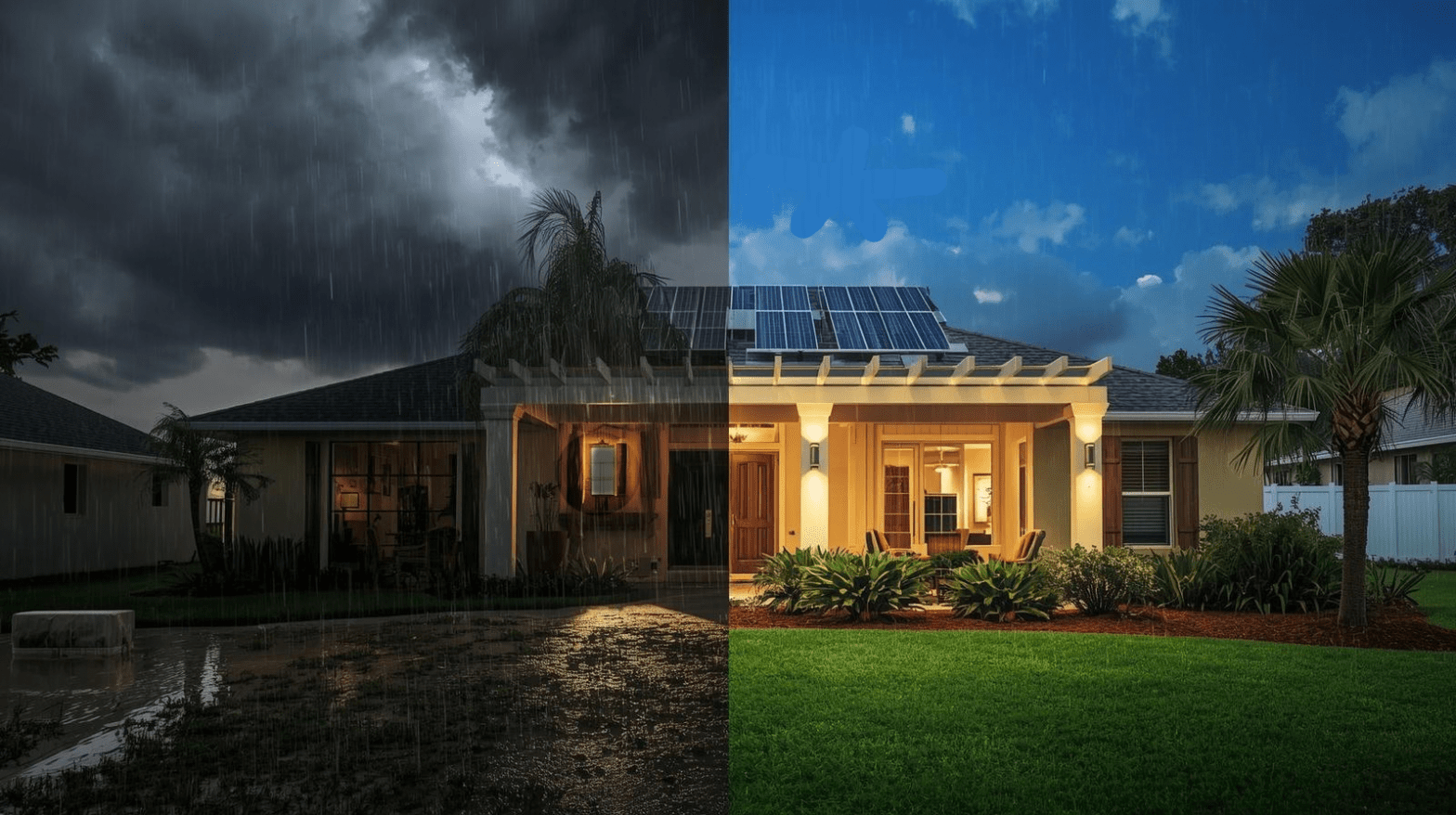 Split-view of a Florida home showing a stormy side with power outage and dark windows, and a sunny side with solar panels, lights on, and vibrant greenery.