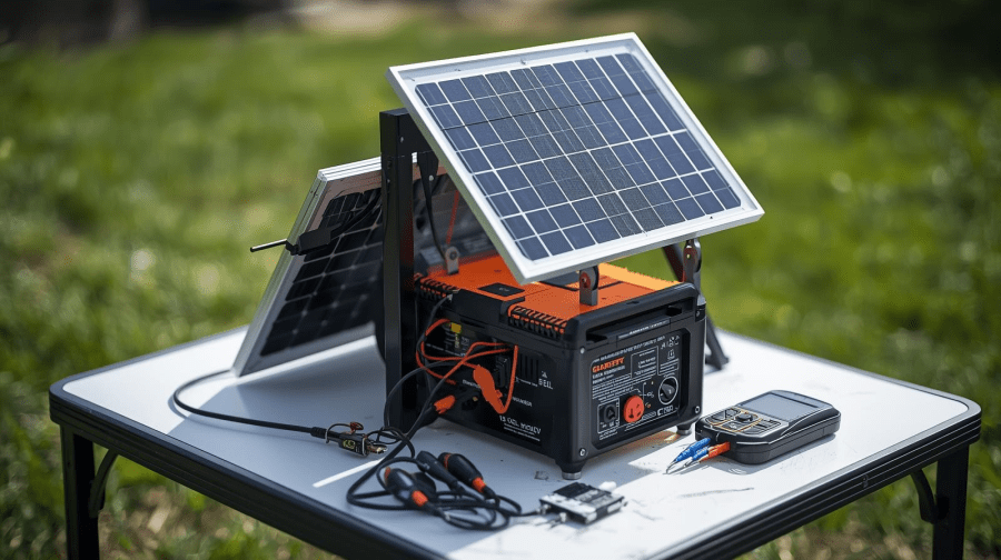 Compact solar panel and battery setup on a table, illustrating a portable solar generator system