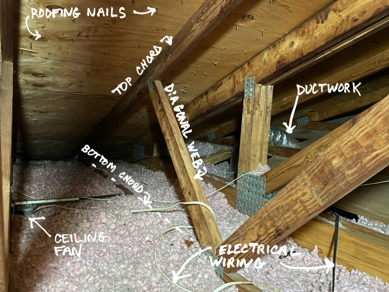 Annotated attic diagram showing roof truss and systems in Florida home